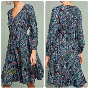 ANTHROPOLOGIE | Maeve Maplewood Blue Paisley V Neck Midi Dress Womens Size S